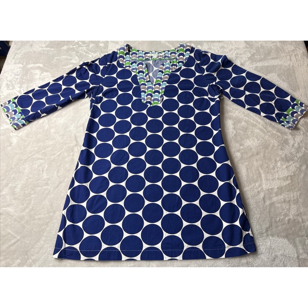 Boden Tunic Top Blue White Large Polka Dot Geometric Collar V-Neck Boho Mod